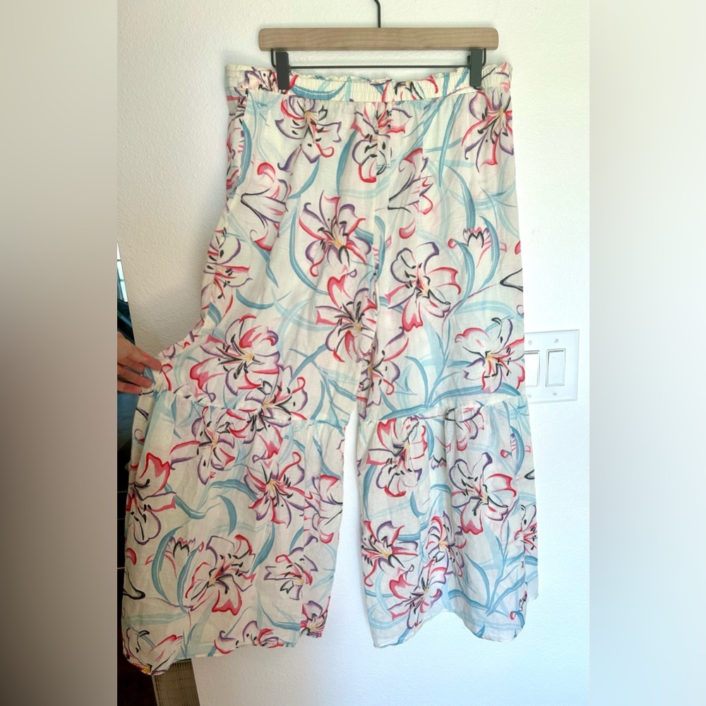 Anthropologie Ruffled Wide-Leg Pull-On Tropical Orchid 100% Cotton Flowy Pants - Picture 6 of 8